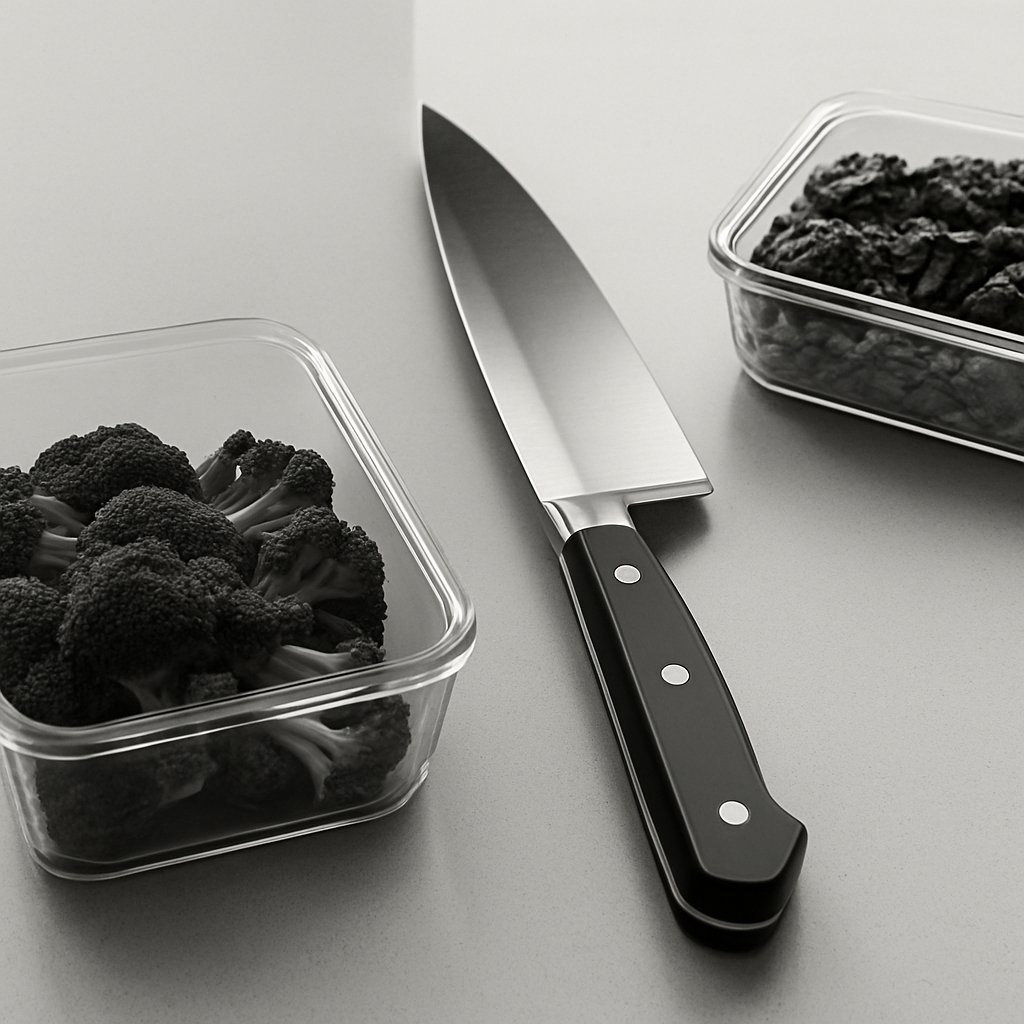 Chef’s knife with meal prep containers on a clean countertop.